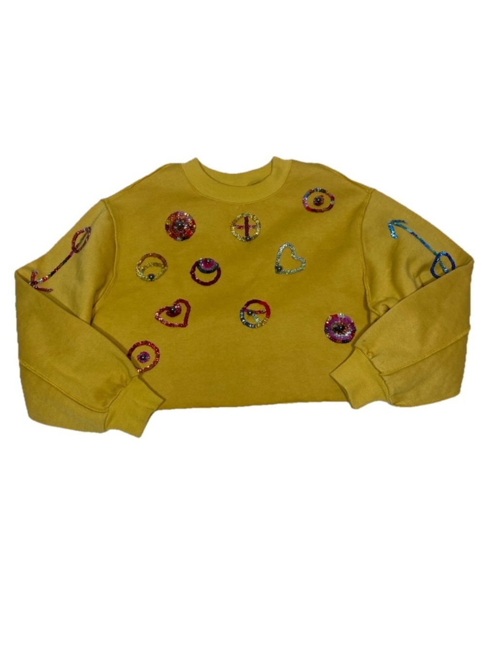 Yellow Sequin Cropped Sweater Peace Signs Hearts Sparkly Appliqué Size Small